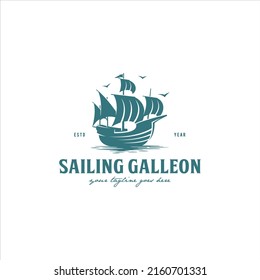 Ship Sail Wooden Galleon Logo Design Vector Image