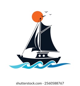Ship Sailboat with abstract wave for brand identity boating business. Vector illustration
