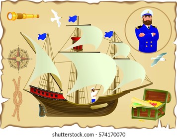ship, sailboat, captain, a steering wheel, a rope, an albatross, Treasure Chest,navigation