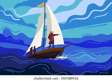 Ship sailboat during a storm with a brave captain sails towards fate. Seascape, ocean, storm, rain, huge waves, dark sky. Vector illustration flat cartoon