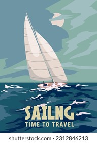 Ship Sailboat during a storm poster retro, sailing ship on the ocean, sea, stormy sky, sea waves. Vector illustration vintage