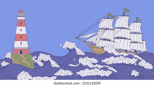 Ship sailboat and lighthouse on rock among stormy sea waves. Landscape with signal tower searchlight with red stripes and water for banner design. Vector line doodle illustration.