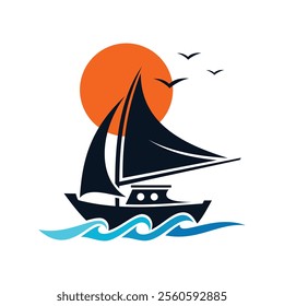 Ship Sailboat logo with abstract wave brand identity for boating business. Vector illustration