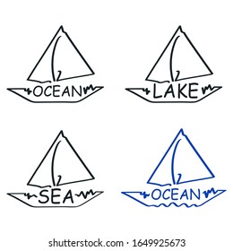 Ship, sailboat logo. Hand drawn emblem. Doodle. Modern, creative, cartoon design. Children's style. Fashion print for clothes, cards, picture, banner, poster for websites. Vector illustration