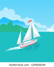 Ship or sailboat in ocean with trees on horizon. Marine vessel sailing in bay and leaving trace on water surface, tropical lagoon vector illustration.