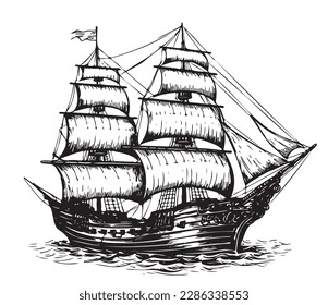 Ship sailboat old sketch hand drawn illustration