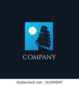 Ship sailboat on the ocean with blue sky and moon square background illustration logo design