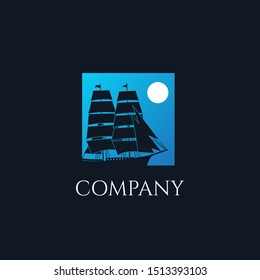 Ship sailboat on the ocean with blue sky and moon square background illustration logo design