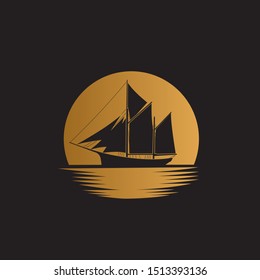 Ship sailboat on the ocean with gold moon background illustration logo design