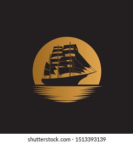 Ship sailboat on the ocean with gold moon background illustration logo design
