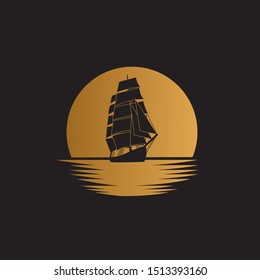 Ship sailboat on the ocean with gold moon background illustration logo design