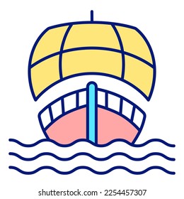 Schiff, Segelboot mit offenem Segel, Draufsicht, Segel auf den Wellen - Symbol, Illustration auf weißem Hintergrund, Farbstil