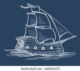 Ship or sailboat sketch, sea transport, sailing or traveling