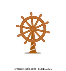 Ship, sailboat steering wheel, cartoon vector illustration isolated on white background. Cartoon, comic style vector illustration of traditional wooden ship, sailboat steering wheel on stand