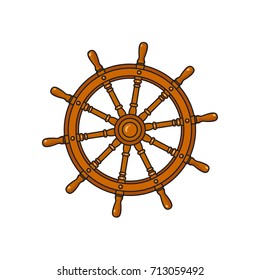 Ship, sailboat steering wheel, cartoon vector illustration isolated on white background. Cartoon vector illustration of traditional wooden ship, sailboat steering wheel