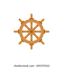 Ship, sailboat steering wheel, flat cartoon vector illustration isolated on white background. Flat cartoon vector illustration of traditional wooden ship, sailboat steering wheel