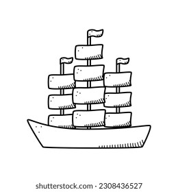 Ship sailboat vector doodle icon. A single illustration of a pirate frigate. Isolate on a white background.