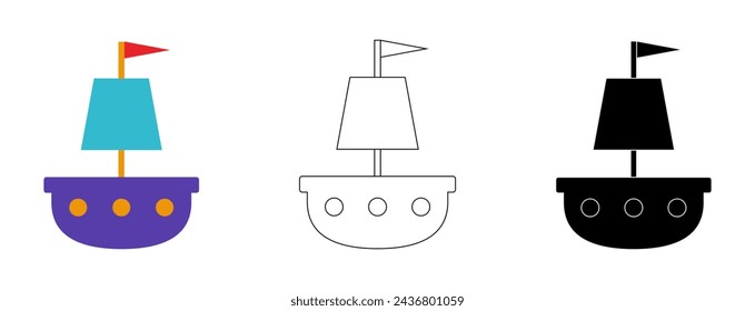Ship sailboat vector icon set. Outline contour, colored and black silhouette clip art isolated on white background.