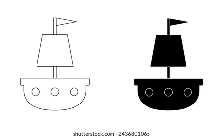 Ship sailboat vector icon set. Outline contour and black silhouette clip art isolated on white background.