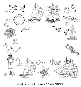 Ship, sailboats and yachts, life jack, anchor, helm, ropes, starfish on a white background, can be used for design of summer cards on a marine theme, books, textiles, children's wallpaper