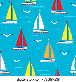 Ship sailing boat sea seamless pattern vessel travel vector sailboats marine background.