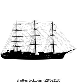 Ship sailing boat silhouette isolated on white background. Vector illustration.