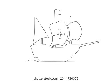 A ship sailing with a flag on it. Colombus day one-line drawing