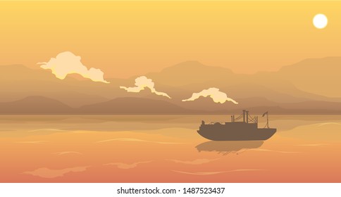 ship sailing in the lake, dazed sunset sky and mountains landscape, vector nature illustration