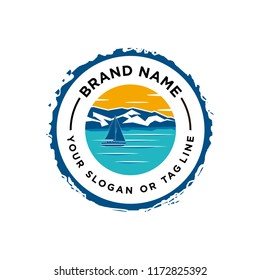 The ship sailing logo designs vector with sunshine, mountains, and ships sailing on water