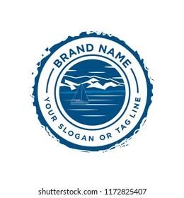 The ship sailing logo designs vector with sunshine, mountains, and ships sailing on water