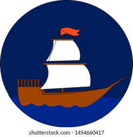 Ship sailing at night, illustration, vector on white background.