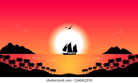 ship sailing in the ocean in tropical sunset, islands silhouettes and palm trees