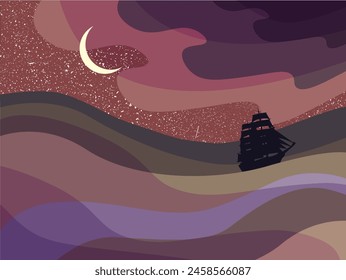 The ship is sailing on the sea against the backdrop of a starry sky with a month.