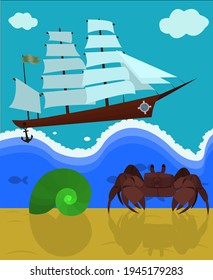 A ship sailing in the sea and a shell and a crab on a beach.