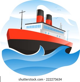 Ship sailing at sea vector cartoon illustration