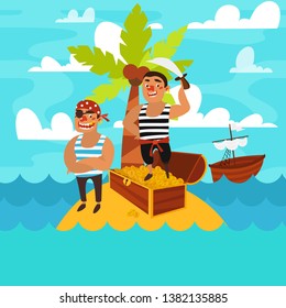 Ship sailing in the sea, with white flag. Sail to the island with treasure and pirates. Vector illustration.