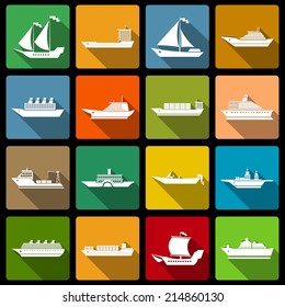 Ship sailing yachts and cruise boats flat silhouette icons set isolated vector illustration