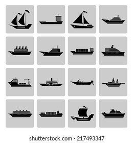 Ship sailing yachts and cruise boats black silhouette icons set isolated vector illustration