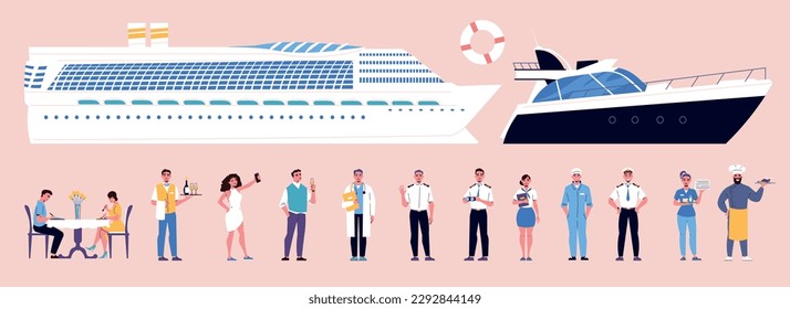 Ship sailor flat icons set with cruising crew members isolated vector illustration