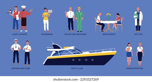 Ship sailor flat icons set with yacht crew members isolated vector illustration