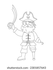 Ship sailor or old pirate with saber for coloring book. Piracy black and white coloring page. Isolated vector outline illustration. Children education.