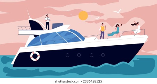 Ship sailors composition with open sea scenery and holiday cruiser boat with doodle passengers and captain vector illustration