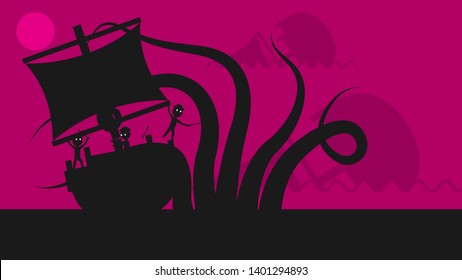 Ship Sails And Is Attacked By An Octopus On A Pink Background