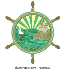 The ship sails to the castle. Seascape in a frame in the form of the wheel.