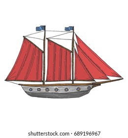 a ship with sails drawn by hand. Sketch a sailboat. The concept of travel and entertainment