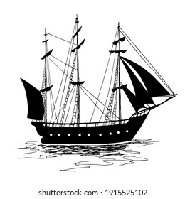 Ship With Sails. Hand Drawing Silhouette Vector Doodle Image.