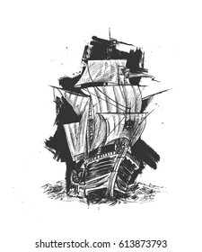 Ship with sails - Hand Drawn Sketch Vector illustration.