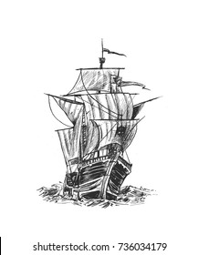 Ship with sails - Hand Drawn Sketch Vector illustration.