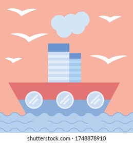 The ship sails into the sea. Concept of cruise, voyage, sea trip. Flat style. Postcard. Vector illustration.