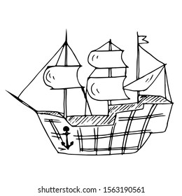 Ship with sails. Line drawing. Vector illustration.